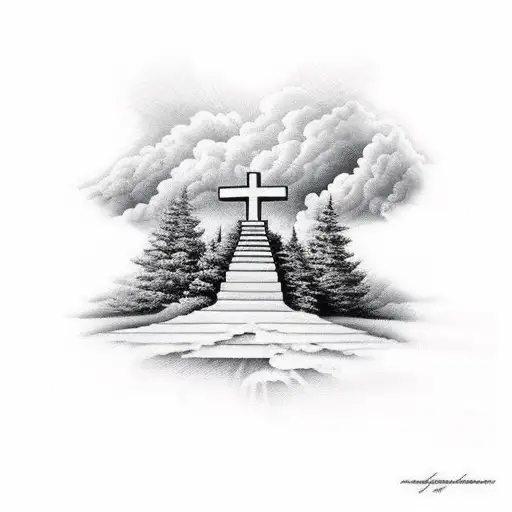 Staircase Going Up To A Cross With Clouds In The Background