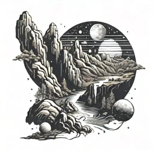 A Mountainside Landscape With A River Flowing Through And A Night Sky Of Planets And Stars