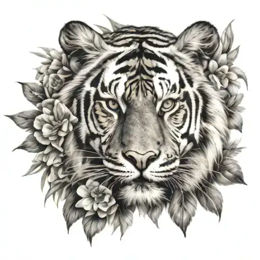 Tiger Face With Flowers