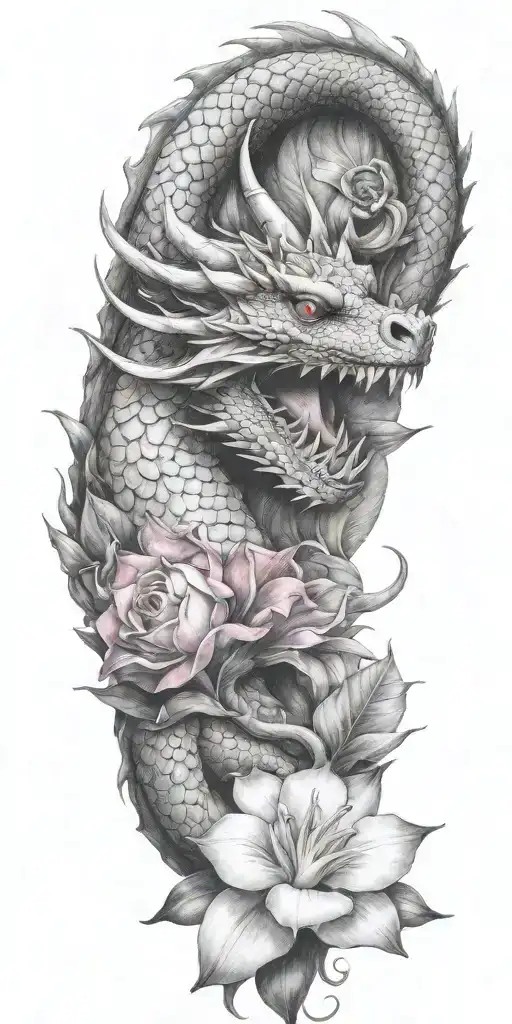 Dragon Winding With Dragonfruit Plant And Plumeria Flower