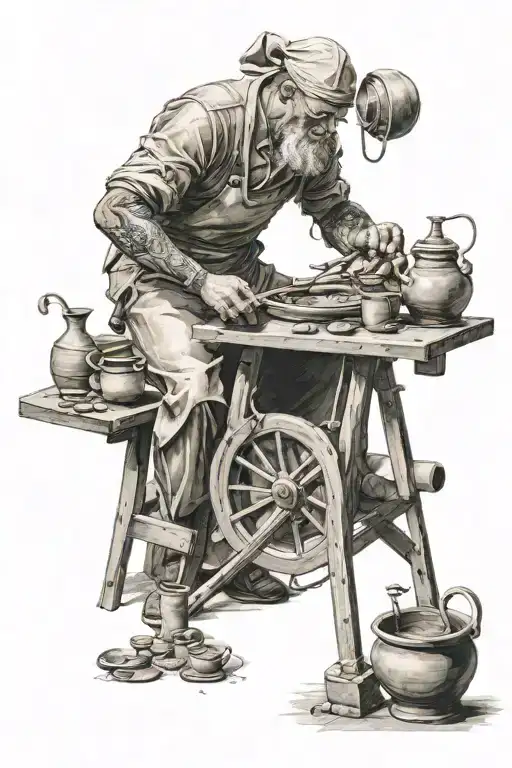 A Potter Shaping Clay On A Spinning Wheel Surrounded By Pots And Vases Of Different Shapes And Sizes