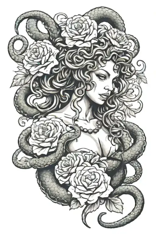 Medusa Holding Snake Looking Straight With Carnations