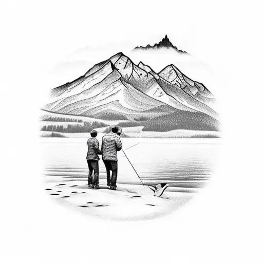 Father And Son Fishing With Mountains In The Back To Start A Sleeve