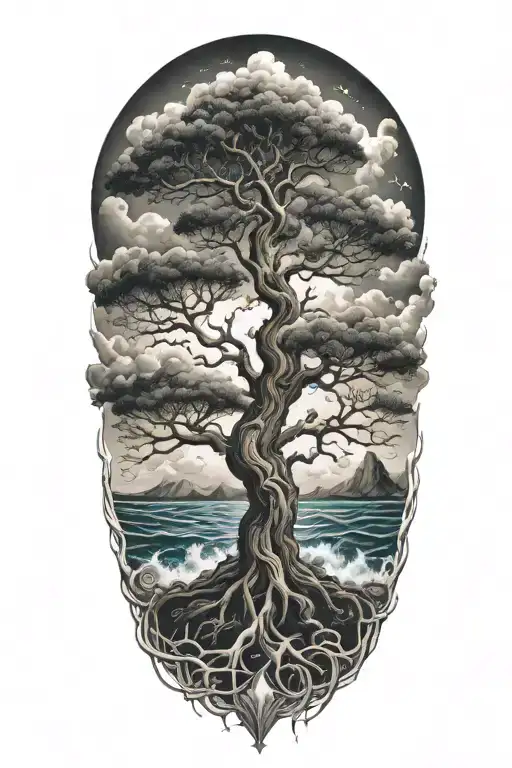 Tree Of Life Surrounded By Violent Stormy Seas And Skies And Wind