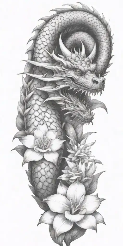 Dragon Winding With Dragonfruit Plant And Plumeria Flower