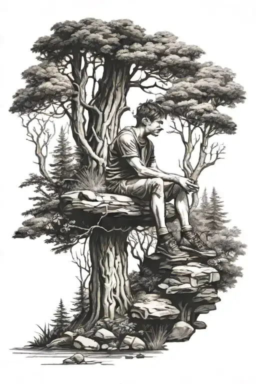 Boy Sitting In Forest Scene
