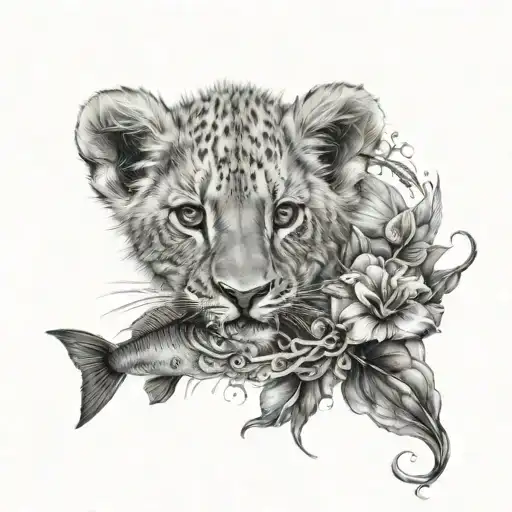 Lion Cub And Fish