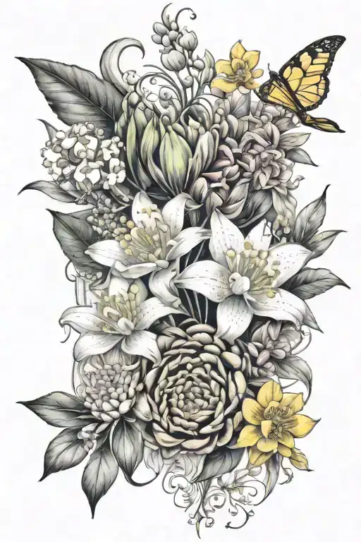 Lily Of Valley And Honey Suckle And Water Lily And Marigold And Peony And Narcissus