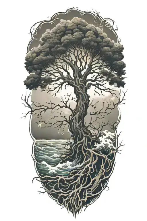 Tree Of Life With Roots Surrounded By Violent Stormy Seas And Skies And Wind