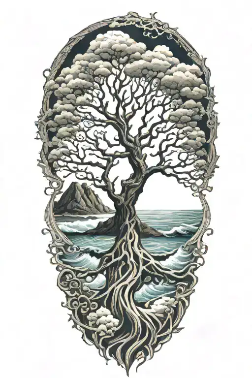 Tree Of Life Surrounded By Violent Stormy Seas