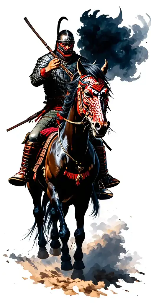 Samurai Warrior With Demon Mask Riding Horse