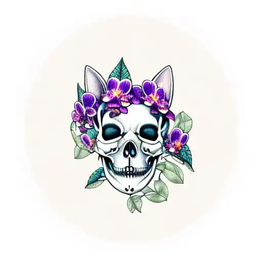 Cat Skull With Purple Orchids