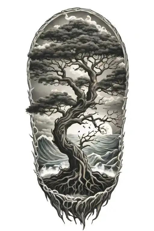 Tree Of Life With Deep Roots Surrounded By Violent Stormy Seas And Skies And Wind Waves Crashing