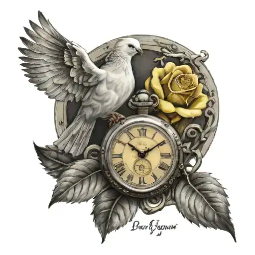 A Dove Carrying A Yellow Rose And A Broken Pocket Watch With Date 9-17-2020