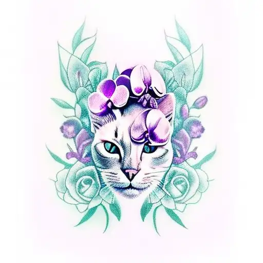 Cat Skull With Purple Orchids