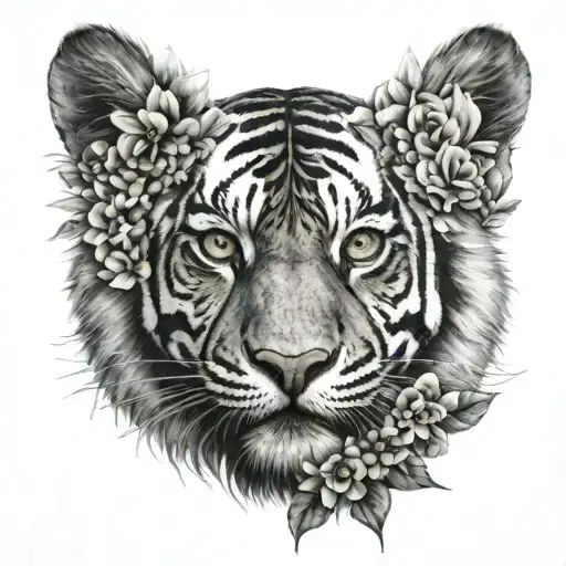 Half Tiger Face With Flowers
