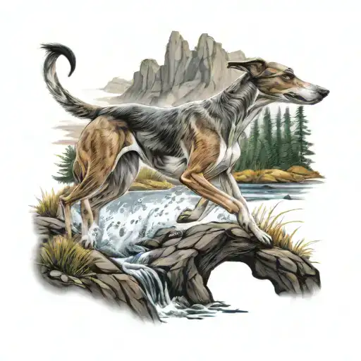 A Realistic Depiction Of A Greyhound Leaping Over A Stream In A Mountain Landscape