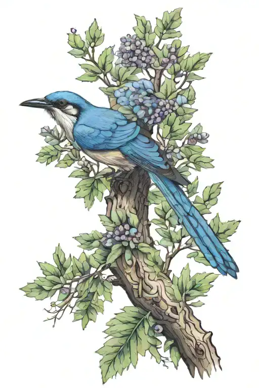 A California Scrub Jay Perched On A Costal Live Oak Tree In The Style Of A Botanical Illustration