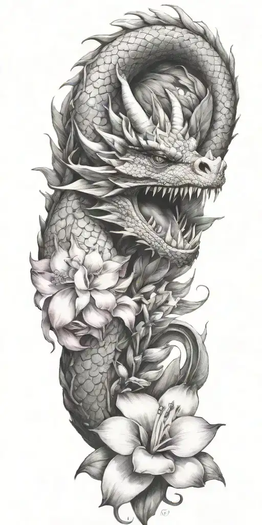 Dragon Winding With Dragonfruit Plant And Plumeria Flower