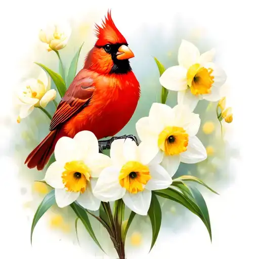 Narcissus And Cardinal Bird