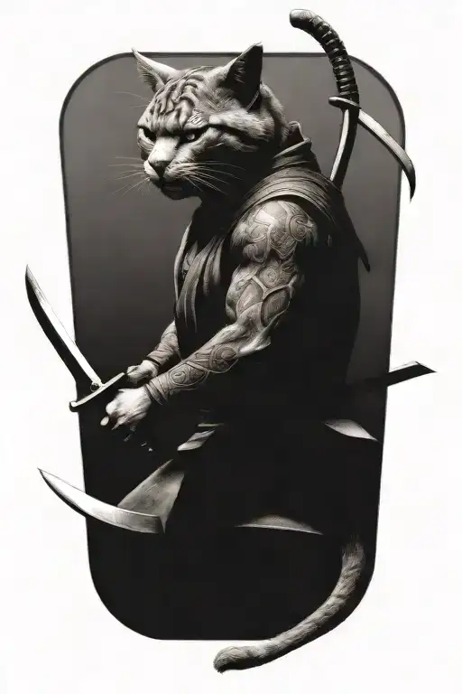 2 Cat Samurai Warriors Standing Back To Back To Back