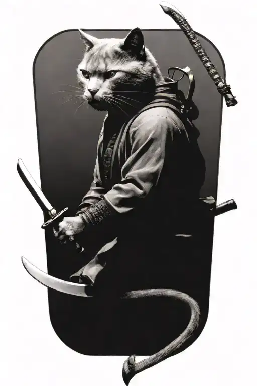 Two Grey Cat Samurai Warriors Battling Each Other