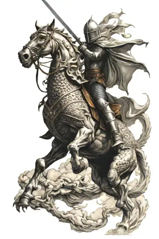 Knight On Horseback Fighting Flying Dragon