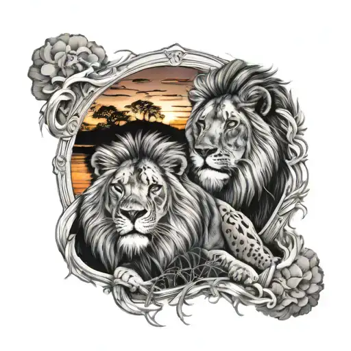Lions And Sunset Scene