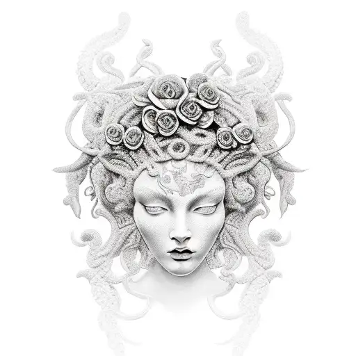 Seductive Black And Grey Medusa With Flowers Forward Facing