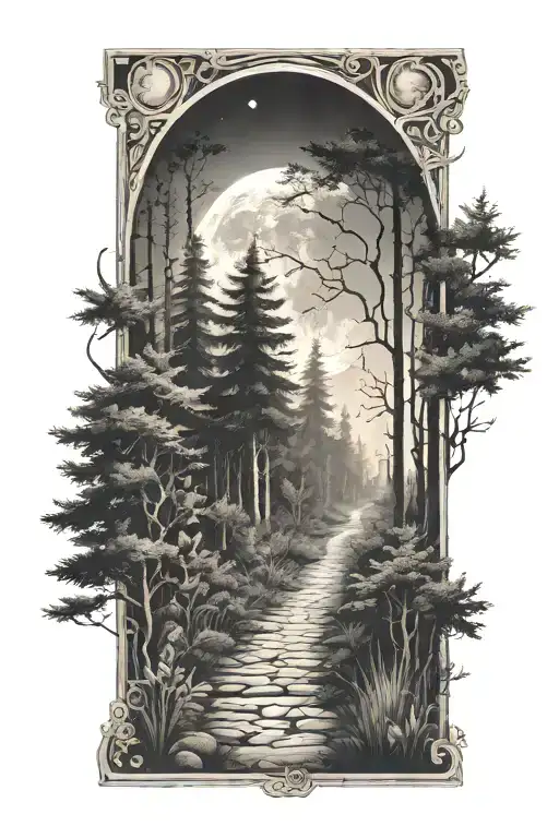 Woman Walking Path Into Forest With Moon