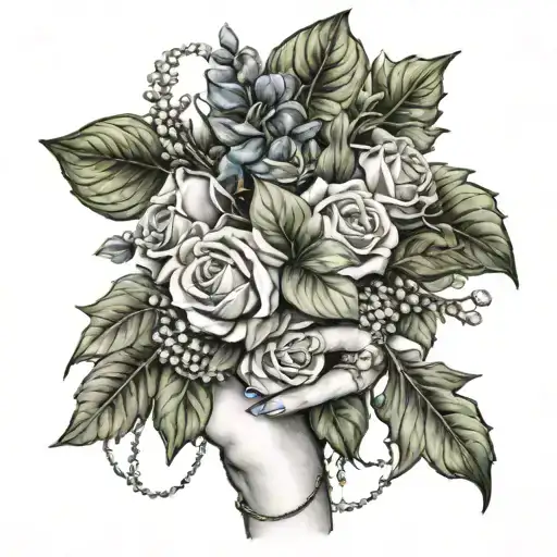 Feminine Greek Hand Holding A Bouquet Wrapped With A Necklace And Ivy