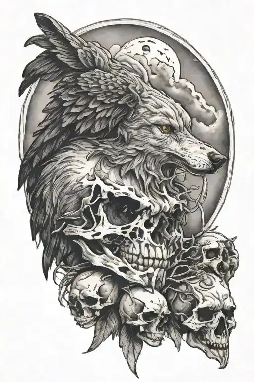 Wolf And Raven Perched On A Skull