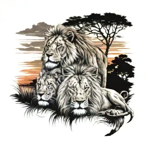3 Lions And Sunset Scene
