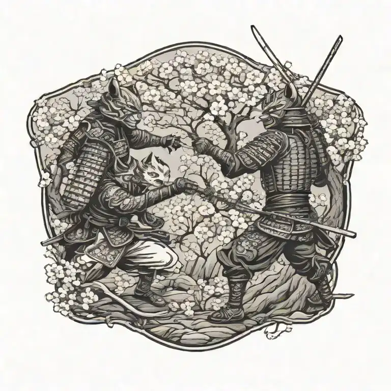 Two Samurai Warrior Cats Fighting Stance Surrounded By Cherry Blossoms