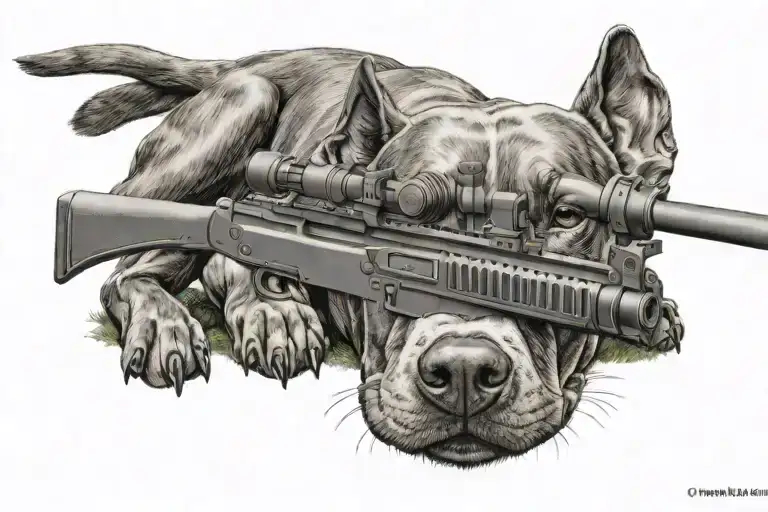 Pitbull Laying Prone Aiming A Sniper Rifle