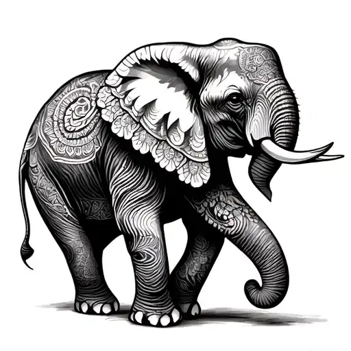 Mandala Elephant Walking Side On View With Trunk Up Semi Realistic