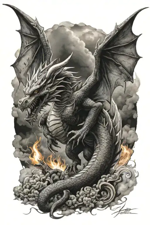 Dragon In Sky Breathing Fire Into Ground