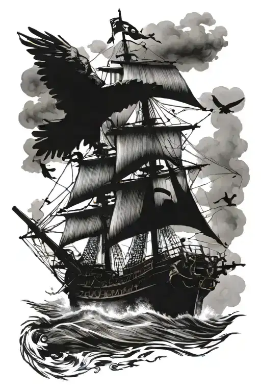 Pirate Ship With Eagle Gliding Across Calm Ocean