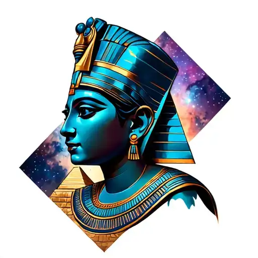Nefertiti Portrait Style Tattoo With Galaxy Background And Pyramids