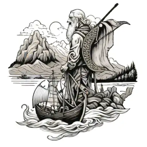 Old Man And A Viking Ship With Hawk And Mountains With River And Ship Merged Together