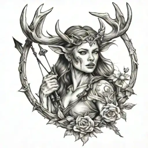 A Traditional Tattoo Of A Girl With Antlers Holding A Bow And Arrow