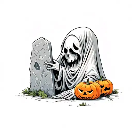 Ghost With A Tomb Stone In One Hand And A Pumpkin Next To Him