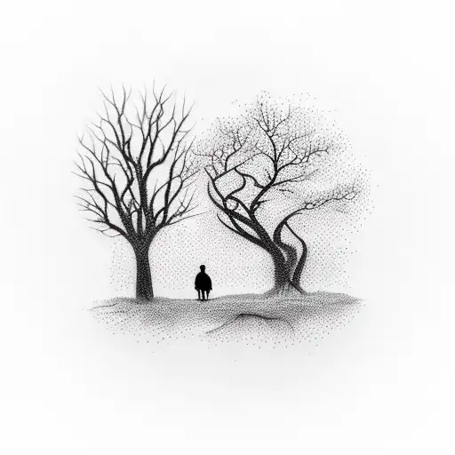 Tree With A Man And His Dog Beside In Black Silhouette