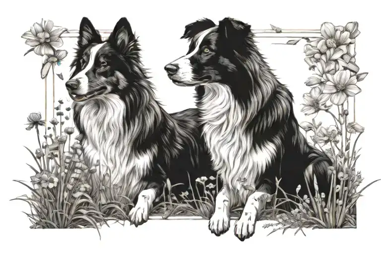Boarder Collie And Fox Terrior In A Field Of Cosmos