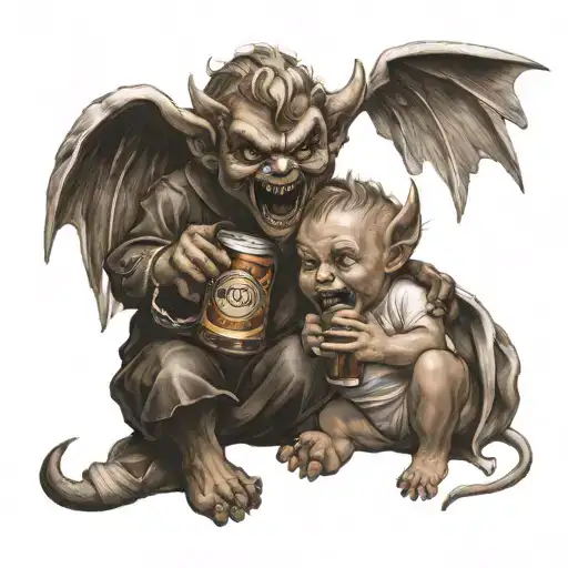 Little Angel And Little Devil Laughing Together Drinking A Beer Sitting