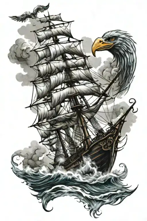 Pirate Ship Sailing Through Stormy Seas With Eagle