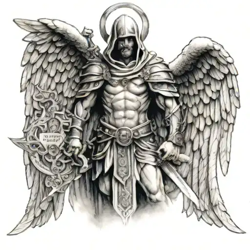 Hooded Archangel Michael With Bible Verses On Wings And Sword