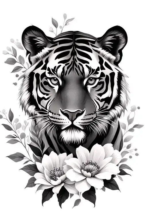 Tiger And Flowers Black And Grey