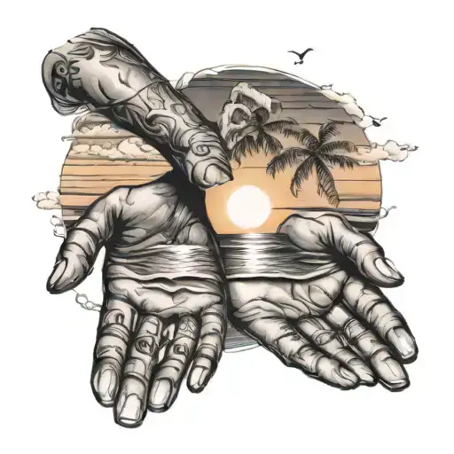 Feminine Hands Holding A Sunset At The Beach Like Water