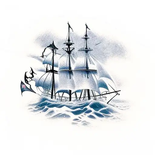 Rustic Pirate Ship With Keltic Crosses On The Sails An Waves Crashing Up Against The Ship